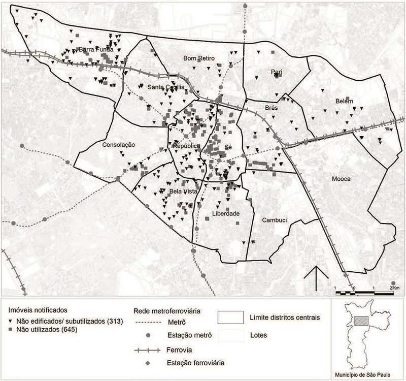 Mapa dos im&oacute;veis notificados com o PEUC nos distritos centrais S&atilde;o Paulo