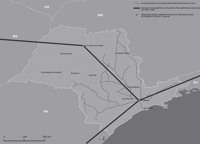 Organiza&ccedil;&atilde;o territorial do Estado de S&atilde;o Paulo pelas estradas de rodagem e principais sedes administrativas regionais, definidas entre as d&eacute;cadas de 1910 e 1930