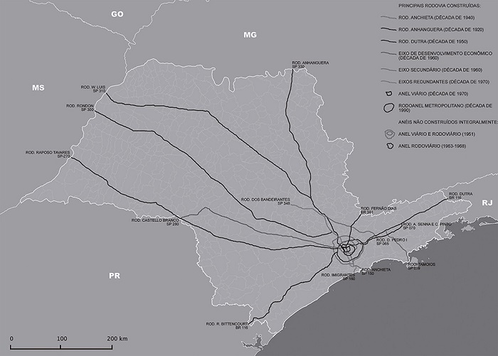 Conjunto das principais rodovias do Estado de S&atilde;o Paulo propostas entre as d&eacute;cadas de 1920 e 1970