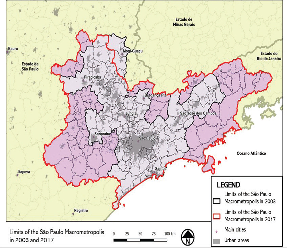 A comparison of the S&atilde;o Paulo Macrometropolis limits in 2003 and 2017. Produced by the author with information from EMPLASA, 2015.