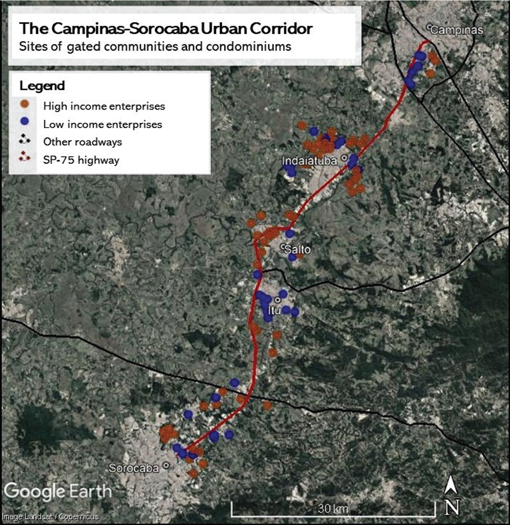 Location of land divisions and gated communities between Campinas and Sorocaba implanted since 2002.