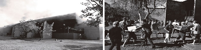 De um lado, as chamas tomando o Pa&ccedil;o; do outro, a popula&ccedil;&atilde;o em a&ccedil;&atilde;o