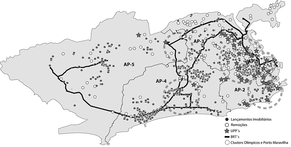 Mapa das intervenções, lançamentos imobiliários e remoções de favelas no município do Rio de Janeiro, segundo Áreas de Planejamento (AP)