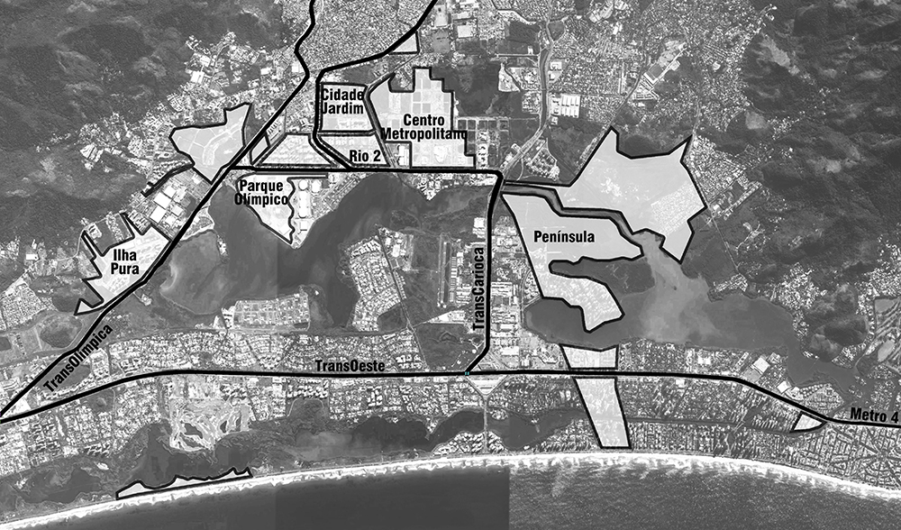 Mapa dos empreendimentos da Carvalho Hosken e seu banco de terras na zona oeste carioca