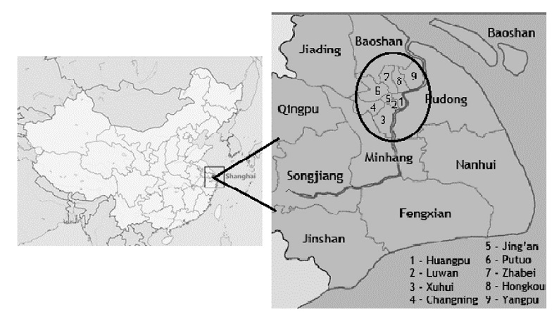 Localiza&ccedil;&atilde;o de Xangai e distritos, com destaque para o Condado de Songjiang, e distritos do Puxi
