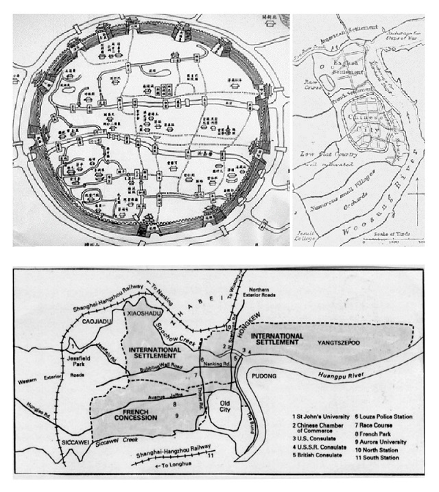 Mapa da Cidade de Xangai, respectivamente no in&iacute;cio e no fim do s&eacute;culo XIX. Embaixo, Xangai em 1920, com os limites das duas concess&otilde;es estrangeiras