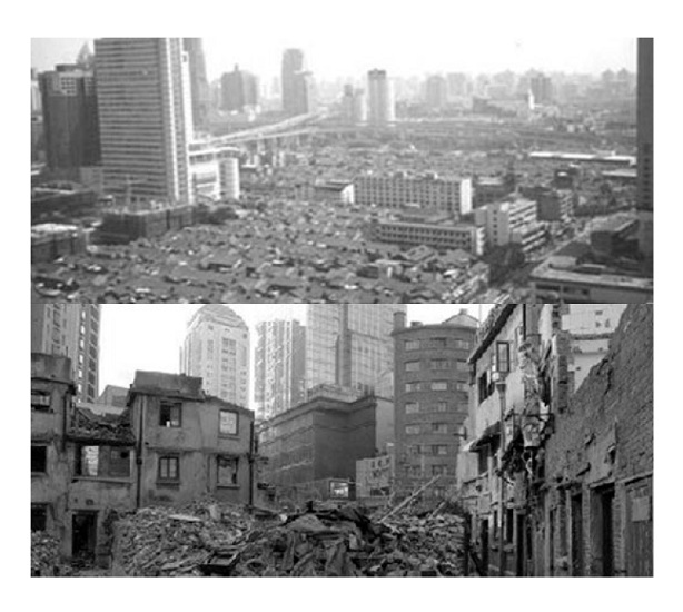Destrui&ccedil;&atilde;o de um lilong nas d&eacute;cadas de 1990 e 2000, respectivamente.