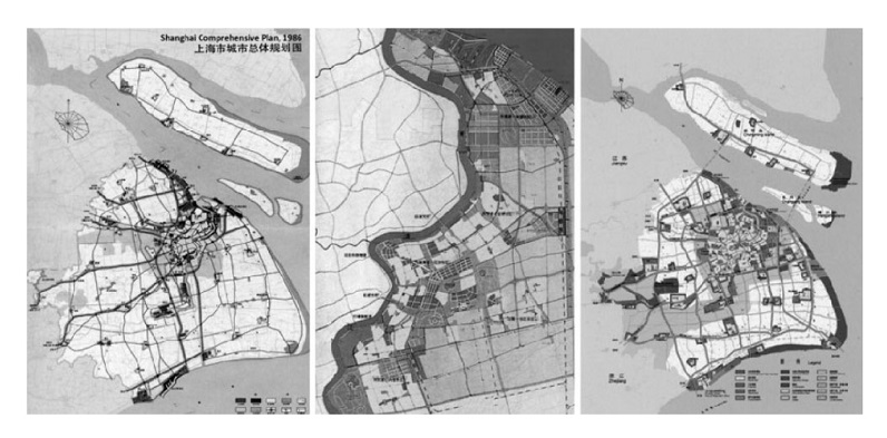 Planos diretores: Shanghai Comprehensive Plan, 1986; Comprehensive Plan of Pudong New District, 1991, e Shanghai Comprehensive Plan 1999-2020, 1999.