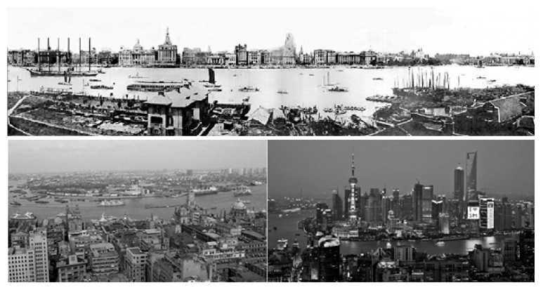 Pudong visto em tr&ecirc;s tempos, em sentido anti-hor&aacute;rio - 1930 (de Pudong para o Bund), 1990 e 2010.