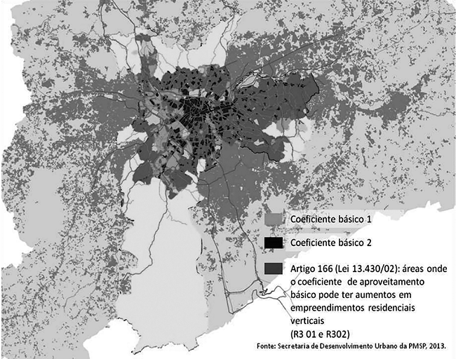Áreas onde o coeficiente de aproveitamento básico pode majorar mediante diminuição da taxa de ocupação (segundo o PDE de 2002)