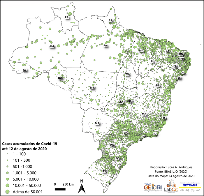Casos acumulados de Covid-19 no Brasil at&eacute; 12 de agosto de 2020.