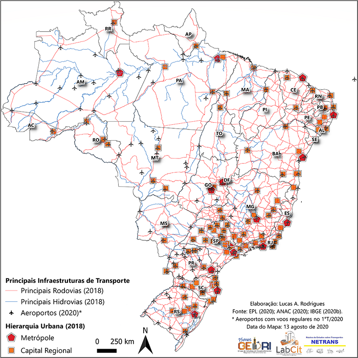 Principais infraestruturas de transporte e hierarquia urbana no Brasil