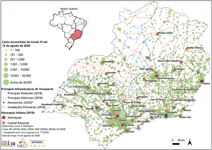 Principais infraestruturas de transporte, hierarquia urbana e casos acumulados de Covid-19 na região Sudeste até 12 de agosto de 2020