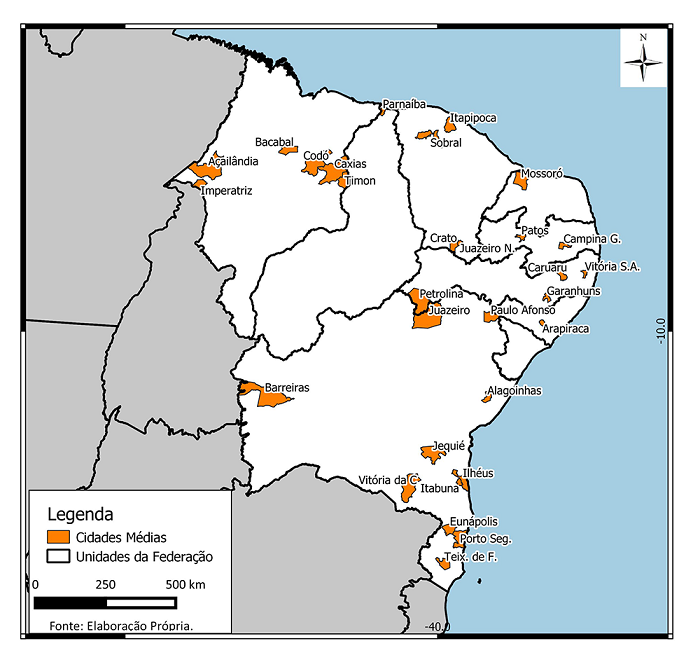 Localização das cidades médias do interior do Nordeste