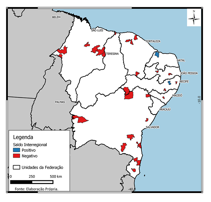 Saldo migratório inter-regional (longa distância) positivo ou negativo - cidades médias do interior do Nordeste (2005-2010)