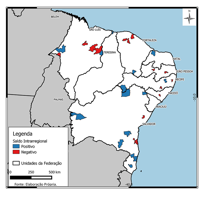 Saldo migratório intraestadual (curta distância) positivo ou negativo - cidades médias do interior do Nordeste (2005-2010)