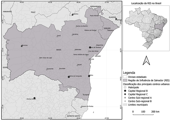 Região de Influência de Salvador (RIS) e principais núcleos urbanos, segundo os níveis de hierarquia