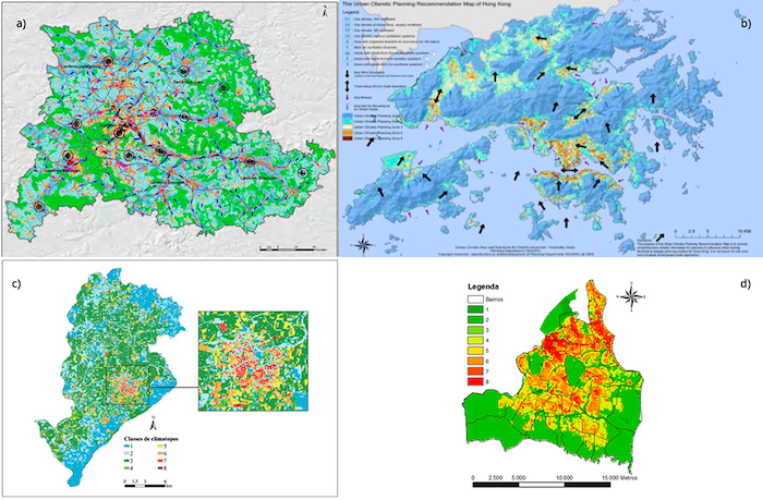 Mapas de an&aacute;lise clim&aacute;tica em (a) Stuttgart, (b) Hong Kong, (c) Belo Horizonte e (d) Jo&atilde;o Pessoa