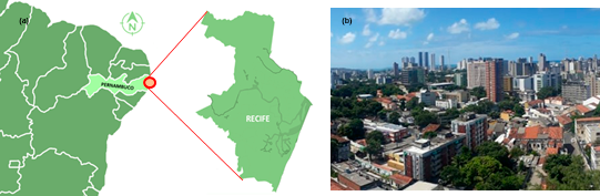 Localiza&ccedil;&atilde;o do munic&iacute;pio de Recife: (a) Localiza&ccedil;&atilde;o de Recife em Pernambuco e na regi&atilde;o Nordeste; (b) Imagem panor&acirc;mica do bairro Boa Vista, em Recife