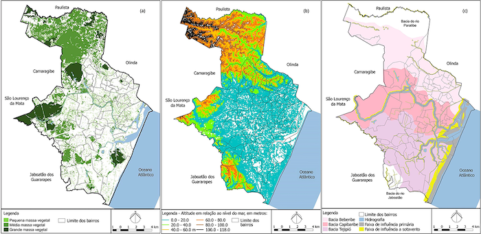 Munic&iacute;pio do Recife: (a) massa vegetal, (b) topografia e (c) proximidade a massas de &aacute;gua