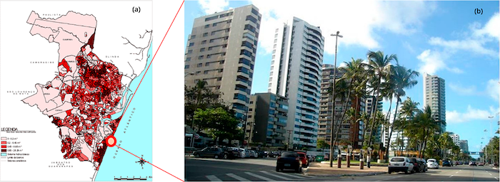 Munic&iacute;pio do Recife: (a) Mapa indicativo da alta densidade do munic&iacute;pio de Recife; (b) Imagem mostrando a verticaliza&ccedil;&atilde;o do bairro Boa Viagem