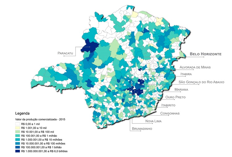 Mapa da produ&ccedil;&atilde;o extrativa mineral do estado de Minas Gerais