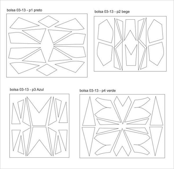 Moldes e encaixes para montagem de marchetaria para bolsa