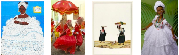 (a). Baiana; (b). Rainha do maracatu/Maracatu nação; (c) Negras vendedoras (detalhe); (d) Barbie baiana.