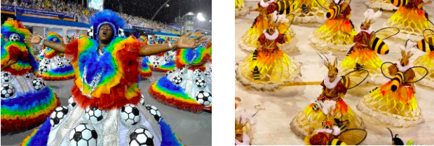 (a) “Ginga Brasil, futebol é raça”. G.R.E.S. Leandro de Itaquera, SP; (b) “O mistério da vida”. G.R.E.S. União da IlhadoGovernador.