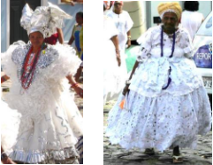 (a) Traje upcycled na festa do Dois de Julho;(b)Traje tradicional.