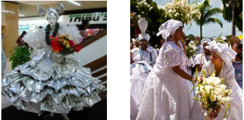 Peça da mostra “Reciclar é preciso”; (b) Traje de baiana na festa da Lavagem do Senhor do Bomfim (detalhe).
