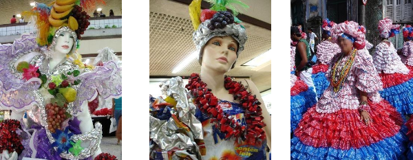 (a) Carmen Miranda (detalhe);
(b) Brasil brasileiro (Carmen Miranda (detalhe); (c) Festa do Dois de julho. 

          