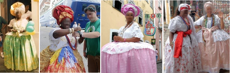 (a) Baiana em verde e amarelo na festa do Dois de Julho; (b)Baianadoreceptivo da Bahiatursa, Porto de Salvador; (c) Baiana do Centro Histórico; (d)Diada Baiana deAcarajé