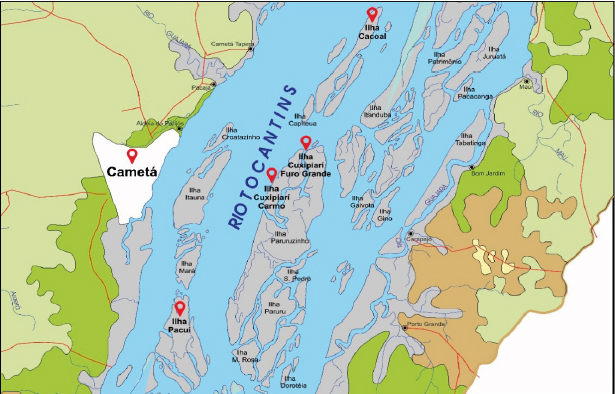FIGURA 1 – Mapa com a localização da área de atuação do estudo – uma parte do município de Cametá, localizada à margem esquerda do baixo rio Tocantins.