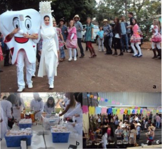 Figura 2. Festa junina. a) Apresentação da Quadrilha
do Dentino, coma participação de alunos de graduação e pós-graduação em Odontologia
no Parque Universidade, bairro atendido pela Casa Acolhedora. b) Alunos de
graduação em Odontologia durante a organização de evento festivo na Casa
Acolhedora, trabalhando na preparação de alimentos e brindes arrecadados em
campanhas no comércio local da cidade de Londrina-PR. c) Festa junina organizada
na Casa Acolhedora, com a apresentação de decoração e brincadeiras com o tema
dentes e saúde bucal.



 