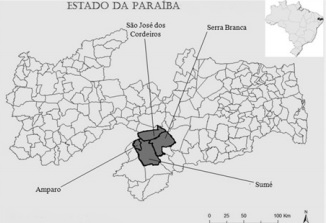 Figura 1 - Municípios de Serra Branca, Sumé, Amparo e São José dos Cordeiros localizados no Cariri ocidental do estado da Paraíba.