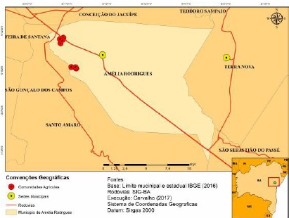 Mapa 1 - Localiza&ccedil;&atilde;o do CEARIS e dos quintais agr&iacute;colas nas comunidades Quatro Estradas e Fazenda Campos no Munic&iacute;pio de Am&eacute;lia Rodrigues -Bahia.