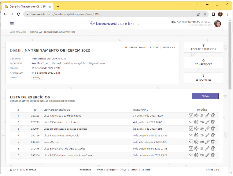 Figura 2: Disciplina do Treinamento na Plataforma Beecrowd