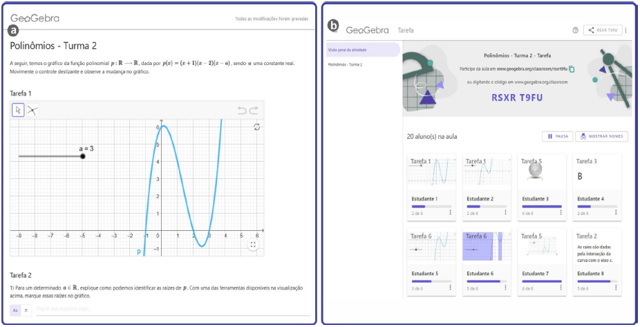 Figura 5: À esquerda, a tela do aluno na 8ª Oficina. À direita, a tela da professora.