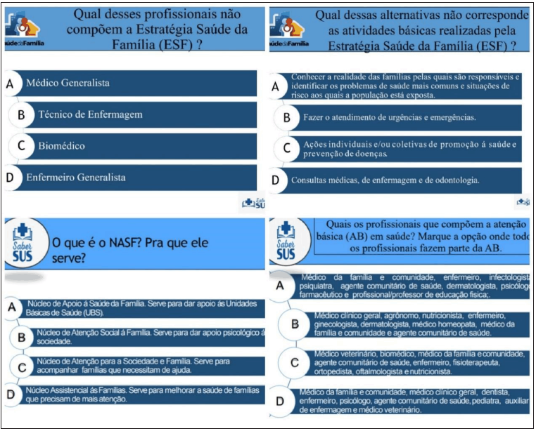 Figura 3. Cartazes utilizados na terceira esta��o sobre Estrat�gia Sa�de da Fam�lia e N�cleo de Apoio � Sa�de da Fam�lia do Projeto de Extens�o Saber SUS, da Universidade Federal de Jata�, Jata�-GO, 2018. 