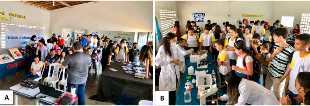 Figura 2: Realização do minievento para discentes da educação básica. Na imagem A, ao centro, destaque para a exposição dialogada sobre o tema saúde ambiental. Na direita da mesma imagem, ocorre apresentação de modelos didáticos e, na esquerda, aplicação de jogos didáticos. Na imagem B, à esquerda, ênfase para a realização de experimentos e visualização microscópica. Ao fundo, transcorre apresentação de curiosidades sobre o tema.