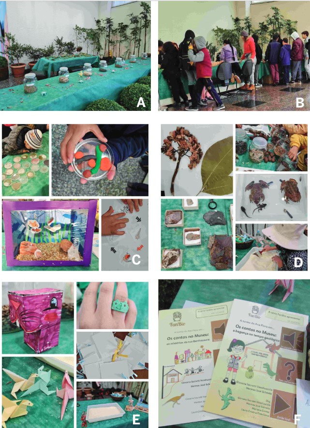 Figura 3. Atividades do FanBio fora do contexto escolar, em um shopping de Foz do Igua�u, Regi�o Sul do Brasil. (A) Espa�o preparado para a Semana do Meio Ambiente. (B) Crian�as participando das atividades. (C) Atividades: observa��o de fungos, montagem do seu fungo com massinha de modelar, aqu�rio e ciclo de vida do mosquito. (D) Atividades: colagem com plantas e sementes secas, observa��o de anf�bios, observa��o de rochas e procura por ossos de papel para montar o esqueleto de dinossauro. (E) Materiais distribu�dos: blocos, an�is, origamis e capivara de papel. (F) Exemplo de fanzines distribu�dos para as crian�as que participaram das atividades.