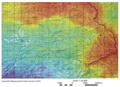 Modelo Digital de Terreno de los posibles desplazamientos de la paloma seg&uacute;n direcciones de viento y relieve del terreno para la zona sur del muestreo.