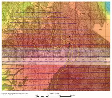 Modelo Digital de Terreno de los posibles desplazamientos de la paloma seg&uacute;n direcciones de viento y relieve del terreno para la zona norte del muestreo.
