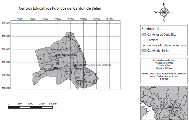 Ubicación de los centros educativos de primaria del Cantón de Belén.