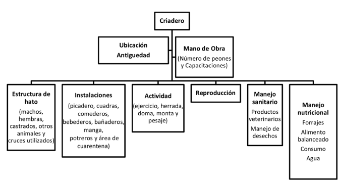 Componentes del instrumento tipo encuesta aplicado a los propietarios de los criaderos de caballo Iberoamericano visitados