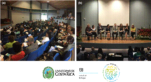 Participantes (a) y uno de los paneles de personas expositoras (b) durante el I Simposio sobre Cambio Clim&aacute;tico y Biodiversidad. 9 - 11 de agosto de 2017, San Jos&eacute;, Costa Rica.