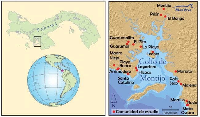 Localizaci&oacute;n del Golfo de Montijo y de las comunidades de estudio
