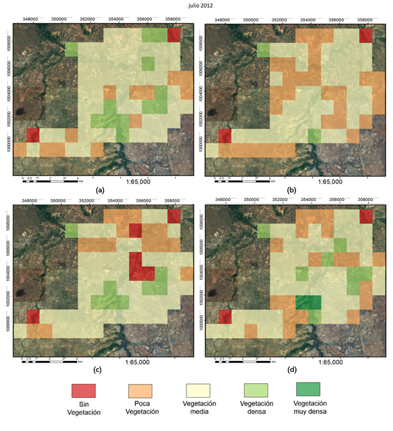 Distribución espacial de las categorías del NDVI durante los meses lluviosos (julio y septiembre) en la comunidad indígena de Kashaama. (a) julio 2012; (b) julio 2013; (c) septiembre 2012; (d) septiembre 2013.