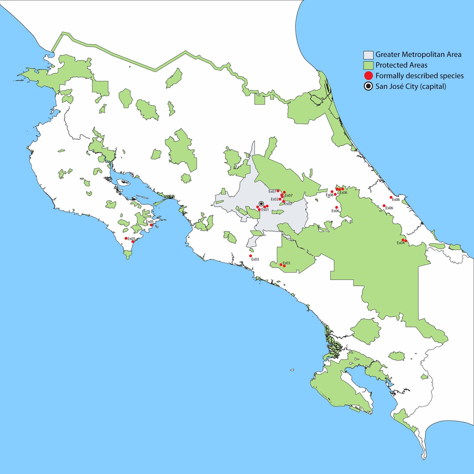 Fig. 1. Collection localities of formally described Costa Rican onychophoran species in relation with protected areas. Species codes in Table 1 in Appendix.